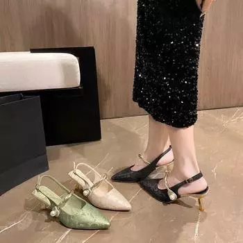 High heels women s 2025 summer new fashion pointed empty sandals new Chinese style one-word buckle fashion sandals 35 чёрный