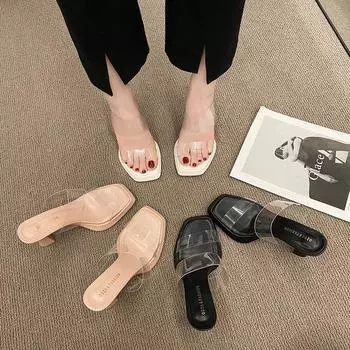 High heels women s 2025 summer new stiletto waterproof table semi-slippers transparent one-word strap sandals women s slippers women s shoes 35