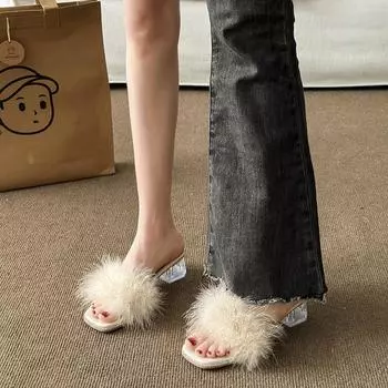 High heels women s 2025 summer new Mao Mao slippers transparent crystal shoes thick heel square head word with sandals 35