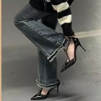 High heels women s 2025 summer new black pointed side empty T-band sexy thin heel versatile light mouth sandals women 34