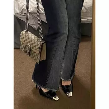 High heels women s autumn and winter 2025 new Park Caiying same metal square head thin heel black sandals imperial sister single shoes 35