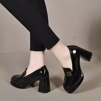 High heels women s autumn new cow patent leather waterproof table thick heel deep mouth women s single shoes square buckle fashion shoes leather shoes 34