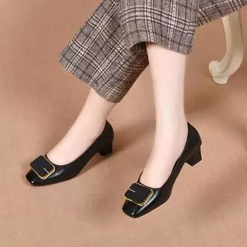 High heels women s autumn new square head shallow mouth thick heel single shoes cowhide square buckle work shoes medium heel women s leather shoes 34