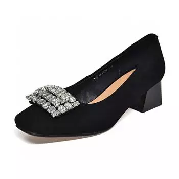 High heels women s autumn simple temperament square head shallow mouth rhinestone fashion shoes middle heel dress shoes black banquet shoes 34