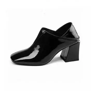 High heels women s early spring new first-layer cowhide patent leather deep-mouth single shoes square head thick heel two shoes 35