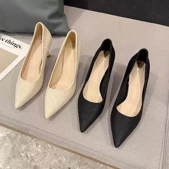 High heels women s new pointed-toed thin heels one-pedal women s shoes commuting black fine flash light mouth single shoes women s 7316-18 34 чёрный