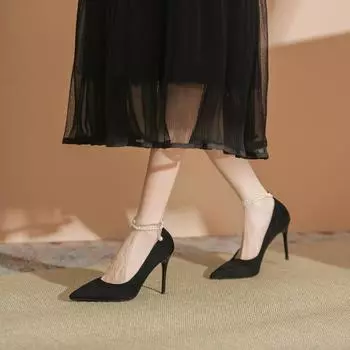High heels women s red suede one-word with chain wedding shoes stiletto single shoes femininity is simple 34