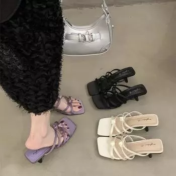High heels women s shoes fashion summer French style square head everything wear thin heels open toe sandals 35 фиолетовый
