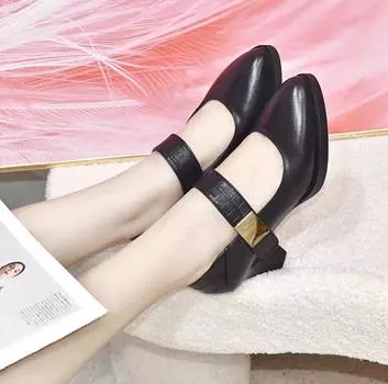 High heels women s shoes spring new pointed waterproof table thick heel buckle single shoes cowhide fashion shoes 34