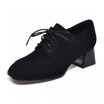 High heels women s single shoes spring new small leather shoes black first layer sheepskin lace-up thick heel leather shoes 34