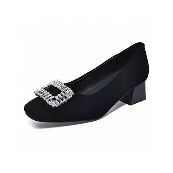 High heels women s single shoes spring new square buckle rhinestone middle heel fashion shoes black sheepskin temperament banquet shoes 34