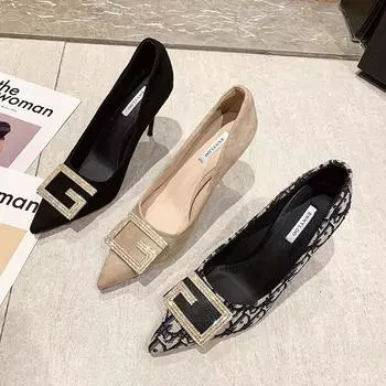 High heels women s spring 2025 new Korean version fashion square buckle commuter pointed stiletto professional work shoes women 35 чёрный