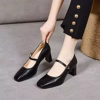 High heels women s spring new square head Mary Jane shoes one-word buckle light mouth fashion shoes thick heel single shoes 34