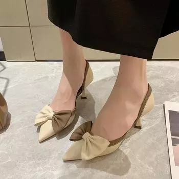 High heels women s stiletto 2025 spring and summer new French retro bow temperament pointed head light mouth hollow sandals 34 абрикосовый