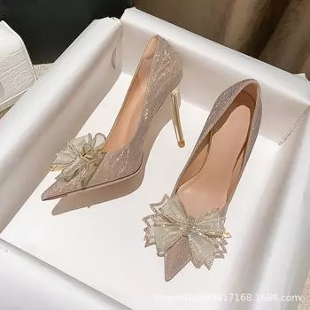High heels women s stiletto pointed head sexy gold wedding shoes bridesmaid Xiuhe shoes French girl bow silver single shoes 34