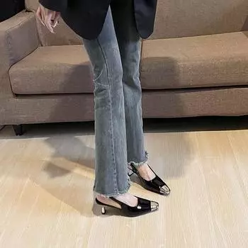 High heels women s summer 2025 new Park Caiying metal square heel black patent leather imperial sister sandals 34 чёрный