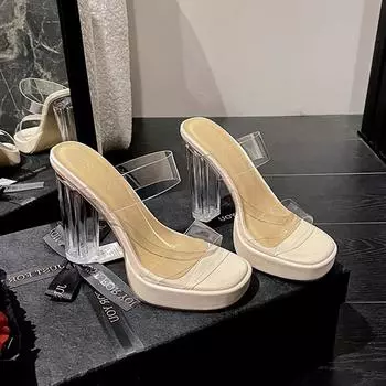 High heels women s summer 2025 new outer wear one-word drag super high heel waterproof table sandals transparent crystal and slippers 35