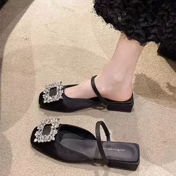 High heels women s summer 2025 new square head low heel with slippers square buckle rhinestone bag head cool slippers women 35
