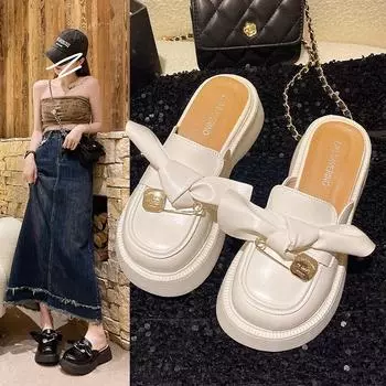 High heels women s summer 2025 new Korean version bow thick-soled big head half drag outer wear bag head versatile single shoes 35