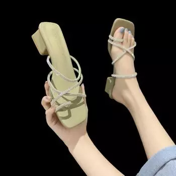 High heels women s summer 2025 new fashion thin strap rhinestone square head cover toe sandals women s versatile outer slippers 34