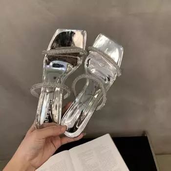 High heels women s summer 2025 new thin heel rhinestones with slippers black temperament sandals 35