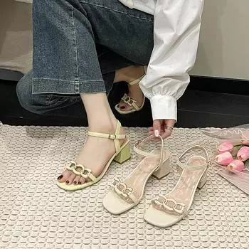 High heels women s summer 2025 new square head thick heel outer wear versatile word belt fashion high heel sandals 35