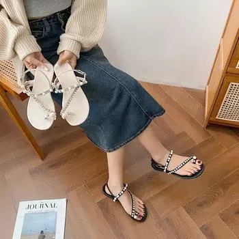 High heels women s summer 2025 new round head rhinestone fairy wind pearl toe word with versatile sandals women 35