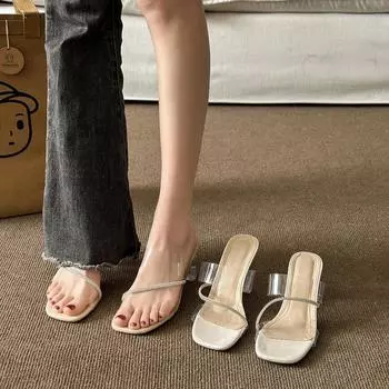 High heels women s summer wear one word with fashion round head thick heel Internet celebrity crystal and slippers women s sandals single shoes 35