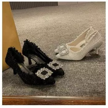 High heels women s thin heels 2025 spring and autumn new rhinestone small fragrant women s shoes French wedding shoes white pointed single shoes 35