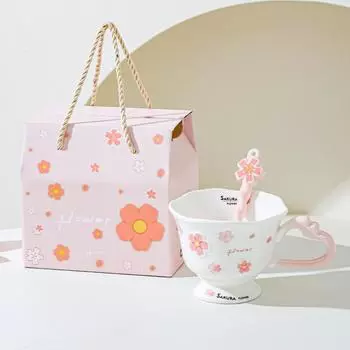 High Looking Cherry Blossom Goblet Souvenir Ceramic Girl Office Drinking Water Cup Breakfast Cup Elegant Cup 301-400ml