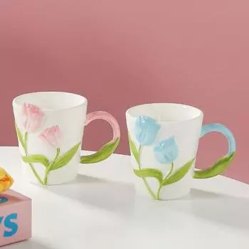 High-looking design embossed hand-painted tulip mug couple ceramic cup milk coffee cup souvenir 350ml синий
