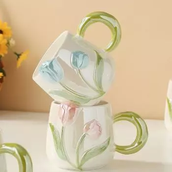 Кружка с рельефным дизайном, расписанная вручную, в виде тюльпана, пара, керамическая кружка, сувенир, кружка для молока и кофе 430ml