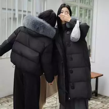 High-luxury fox fur collar long and short down jacket for women s 2024 winter new thickened square buckle girlfriend warm jacket S