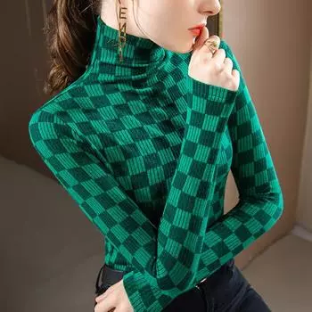 High-neck Grinding Base Shirt for Women New Women s Plaid Printed Long-sleeved T-shirt Thermal Inner Waist Top S