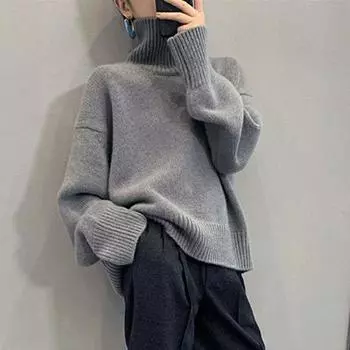 High Neck Soft Sweater Female Pullover Fall and Winter Outside The Sense of Loose Versatile Lazy Wind Knitted Bottoming Shirt One Size красный