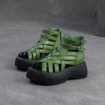 High Quality 6CM Weave Genuine Leather Fashion Ankle Booties Peep Toe Summer Sandals Mary Jane Platform Wedge ZIP Women Shoes 35