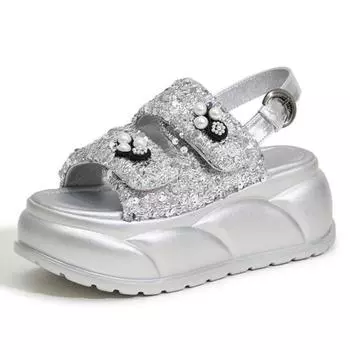 High quality 7.5cm Synthetic Women Casual High Brand Peep Toe Shoes Fashion Slippers Platform Wedge Sandals Summer Bling Hollow 34 чёрный