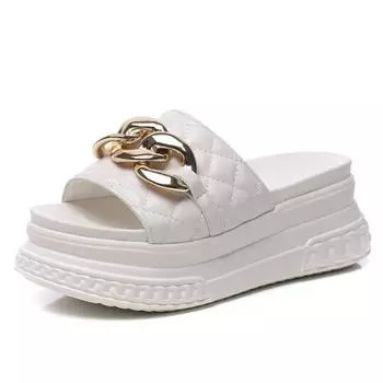 High quality 7cm Genuine Leather Women Summer Shoes Outside Slippers Beach Shoes Platform Wedges Slides Sandals Beach Shoes 33 бежевый