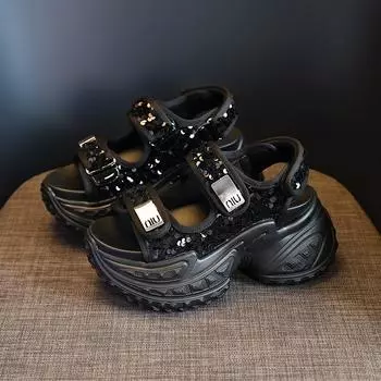 High quality 8cm Air Mesh Synthetic Genuine Leather Bling Chunky Sneakers 2025 Summer Women Vulcanize Platform Wedge Comfy Shoes 34