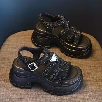 High quality 8CM Synthetic Microfiber Leather Women Sandals Flats Chunky Sneakers Hollow Bling Vulcanize Platform Wedge Shoes 34