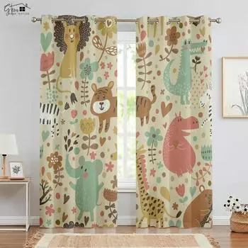 High Quality Animal Curtains Rabbit Deer Fox Cat Koala Elephant Giraffe Tiger Lion Crocodile Blackout Heat Insulation Curtains W100xH130(CM) folio&Grommet Top