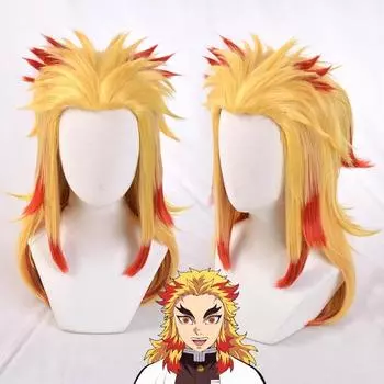 High Quality Anime Cosplay Rengoku Kyoujurou Cosplay Wig Blonde Red Ombre Heat Resistant Hair Pigtail Wigs + WigCap One Size