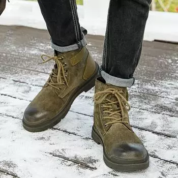 High Quality Autumn Spring High Top Boots Man High Cut Pig Skin Black Cotton Shoes Fashion Lace Up Men s Outdoor Thermal Shoes 38 хаки