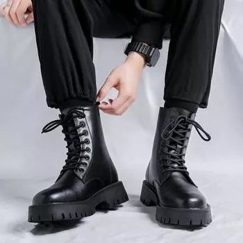 High Quality Black Men s Boots Low Heel Wing Tip Lace Up Fashion Versatile Casual Street Outdoor Motorcycle Boots Long Boots Men 38 чёрный