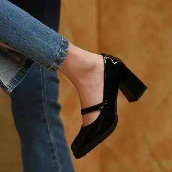 High quality! Black patent leather round head Mary Jane single shoes women s high heels 2025 new summer thick heel JK women s shoes 34
