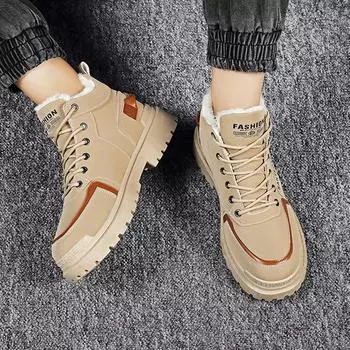 Высококачественные брендовые зимние плюшевые короткие ботинки для мужчин 2024 года, удобная рабочая обувь из хлопка на толстой подошве со шнуровкой, модные ботильоны 39 хаки