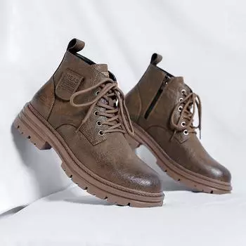 High Quality English Style Thick Soled Mid Top Boots Brand Fashion Brand Men s Zippered Ankle Boots Comfortable Leather Boots 38 чёрный