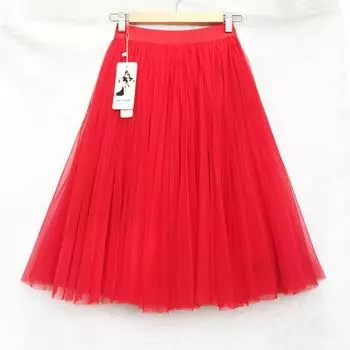 High Quality European and American Autumn Summer Pink Bubble Skirt Red Elastic waist, skirt length 50CM (about knee)