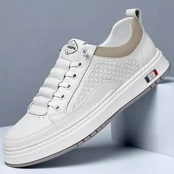 High Quality Fashion Men Leather Casual Flat Designer Shoes Breathable Antiskid Vulcanized Shoes Luxury Outdoor Walking Sneakers 38 бежевый