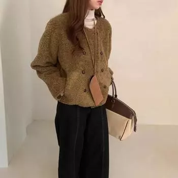 High-quality fashion round neck fur jacket short jacket women s winter casual warm cotton-padded coat one size fits all серый